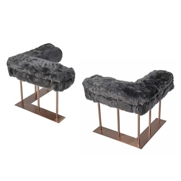 Pair of charcoal sheepskin corner fire fenders with metal frames
