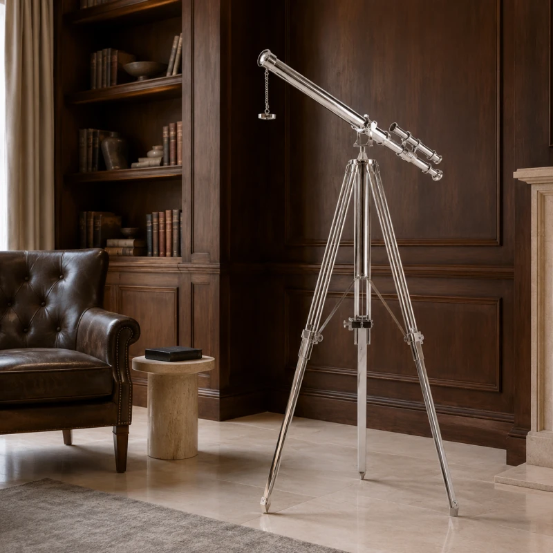 Greenwich decorative telescope styled in an elegant dark wood library