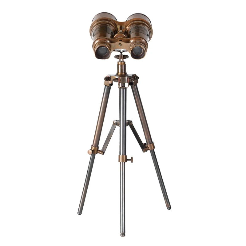 Brass binoculars on a three-legged metal stand viewed from the front