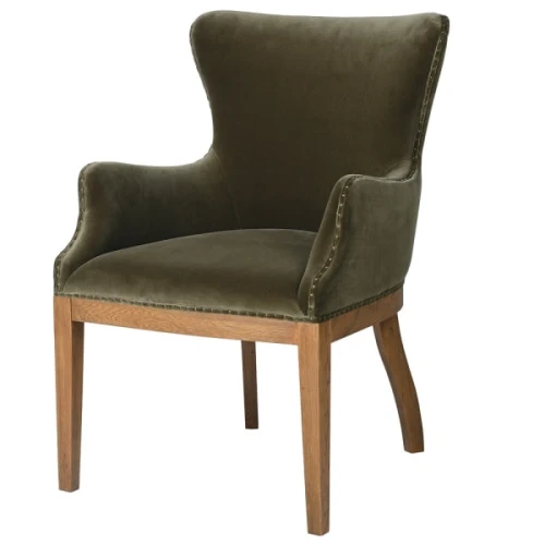 Olive Green Velvet Dining Armchair with Oak Legs