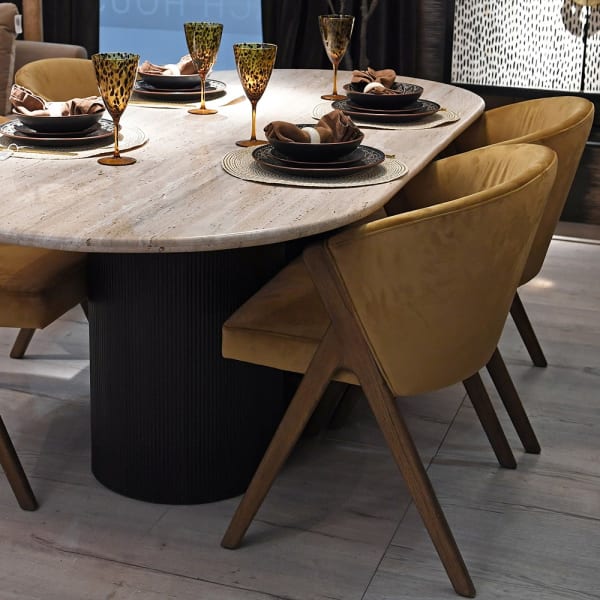 Belgrave Gold velvet dining chairs styled around dining table
