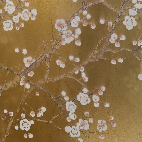 Golden Blossom three panel room divider with floral design