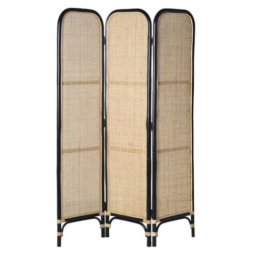 Toba Black & Natural Rattan Room Divider 179.5cm – 3 Panel