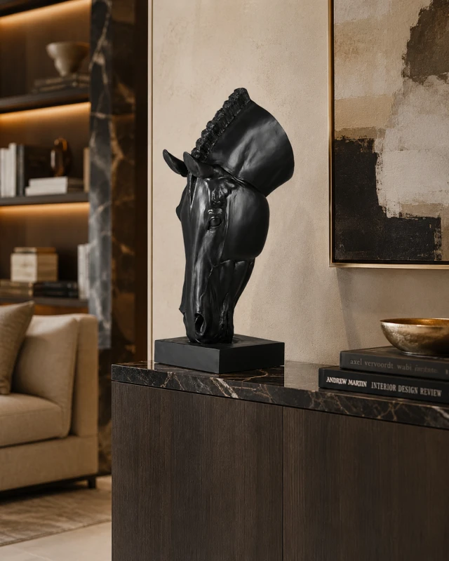 Black Horse head sculpture in a matt black finish