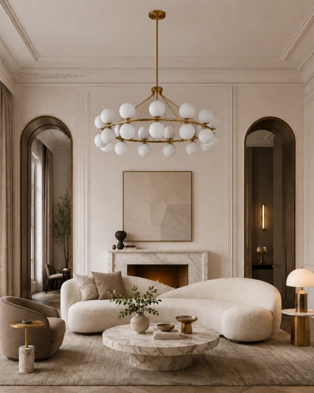 White Bubble gold globe chandelier in a luxury contemporary interior