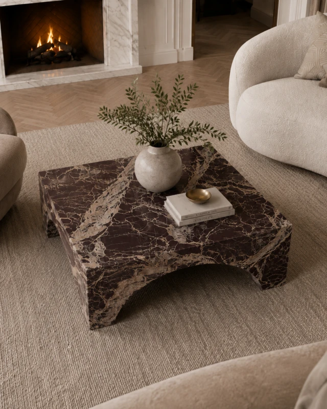 Square marble coffee table in dark Levanto stone