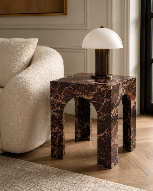 Burgundy Levanto marble side table with arched sides
