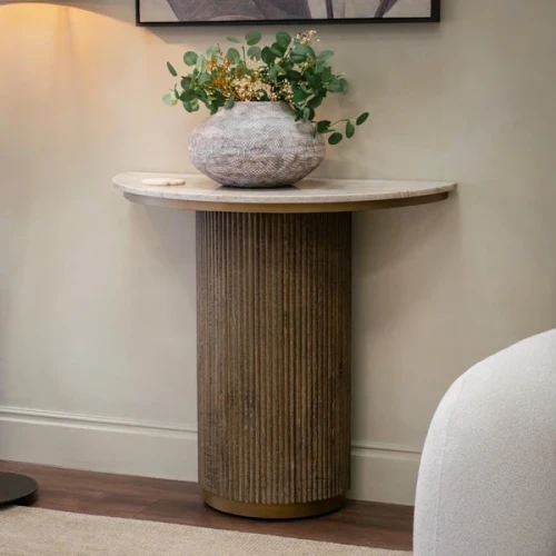 Maigue Marble Console Table 90 cm – Brown Wood & Antique Brass