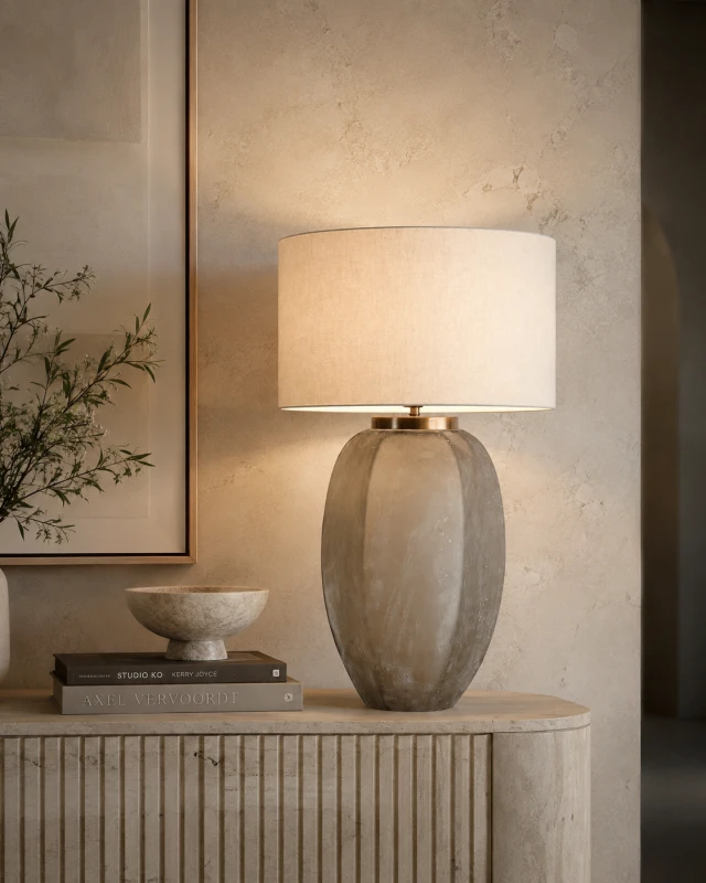 Potli table lamp with natural linen shade and smoky glass base