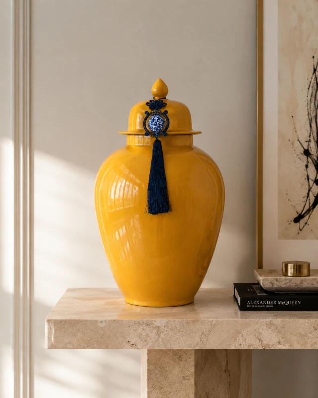 Chesham Yellow ceramic ginger jar with decorative lid