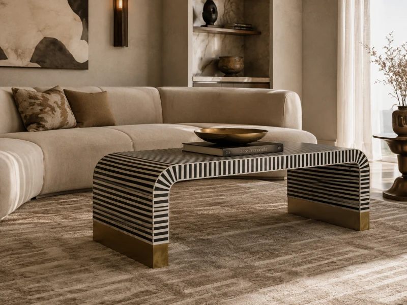 Muswell rectangular bone inlay coffee table with black and white striped pattern