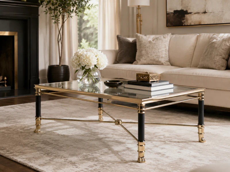 Foo gold glass coffee table styled in an elegant neutral living room