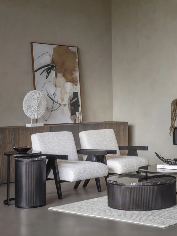 Large Finsbury canvas wall art in a contemporary living room with boucle armchairs