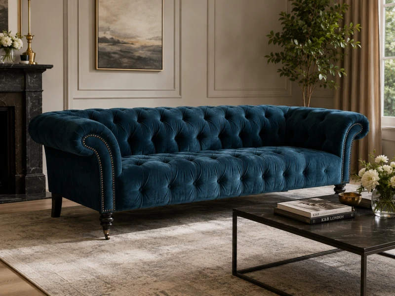 Blue velvet sofa with deep-buttoned seat and back