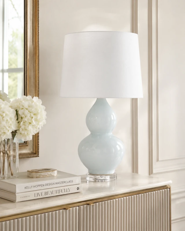 Aurora II blue porcelain table lamp with white shade
