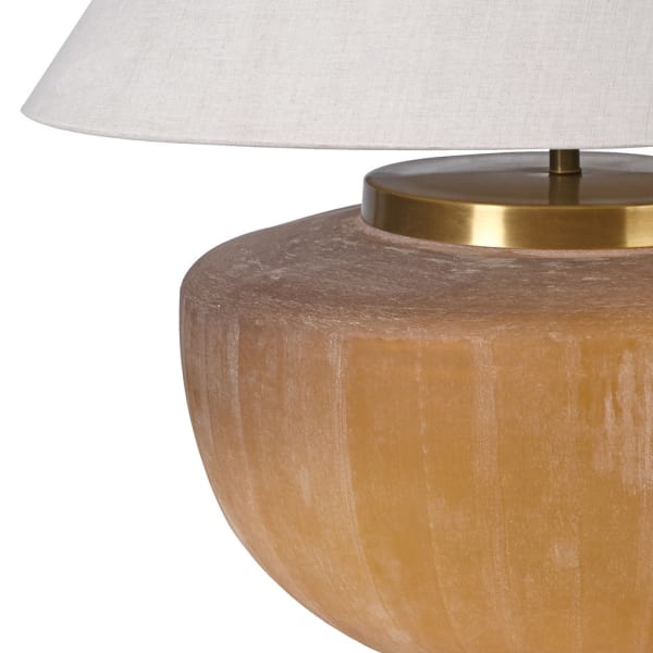 Close-up of hand-etched glass and brass detailing on Apsley table lamp