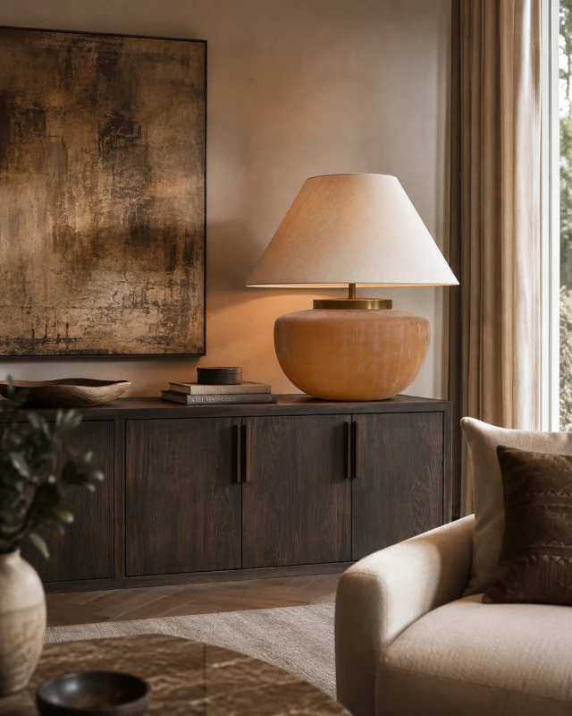 Apsley large glass table lamp styled on a dark wood sideboard in an elegant living room