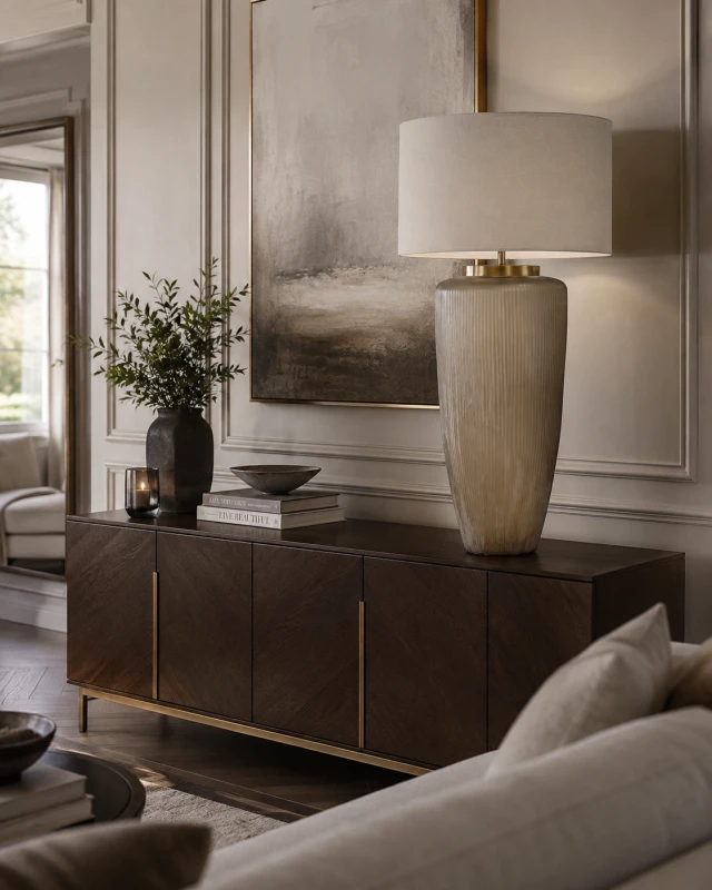 Fritzovia 106 cm statement glass table lamp styled on a large sideboard in an elegant living room