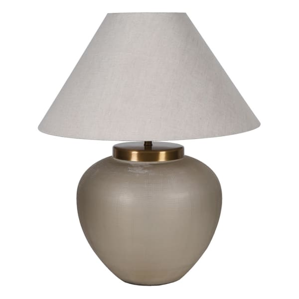 Fritzovia S smoked glass table lamp 67 cm with brass detail and natural linen shade