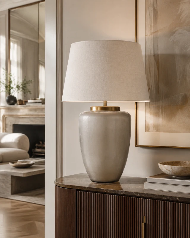 Fritzovia M 89 cm tall glass table lamp styled on a luxury sideboard in an elegant living room