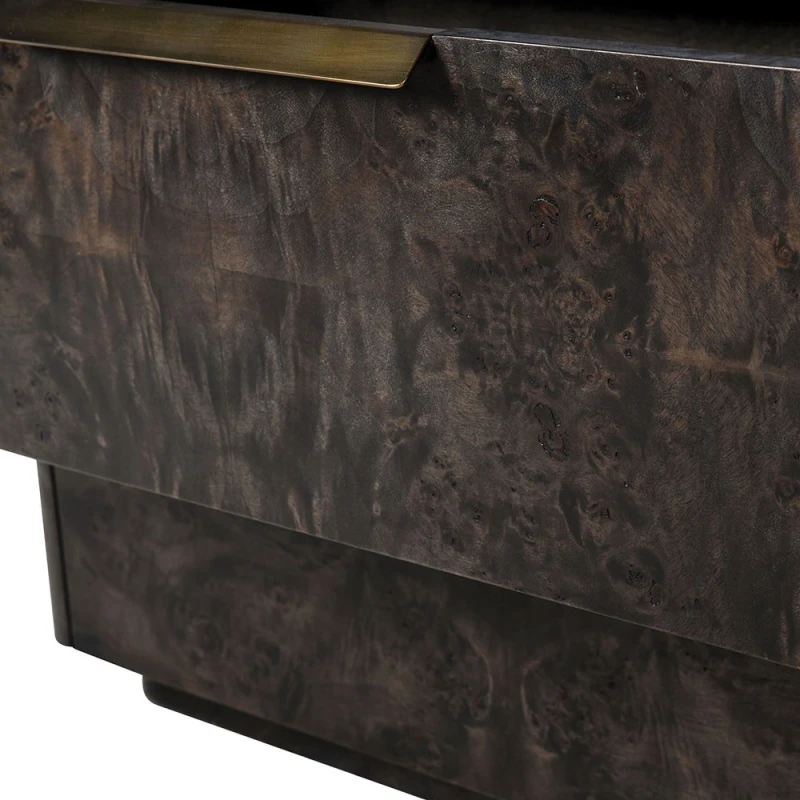 Close-up of dark swirling burl veneer on Portobello wooden sideboard
