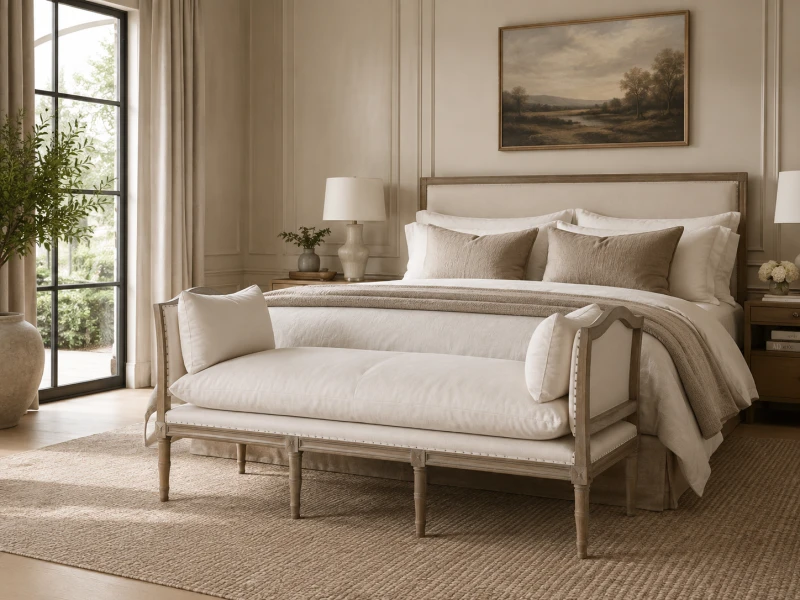 Cooper 183 cm upholstered bedroom bench styled at the foot of a king-size bed