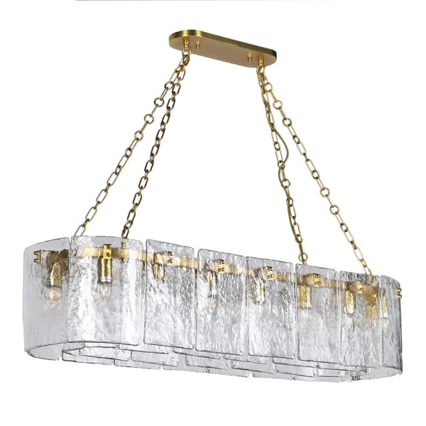 Halo rectangular glass chandelier 130 cm with textured panels and warm metal detailing
