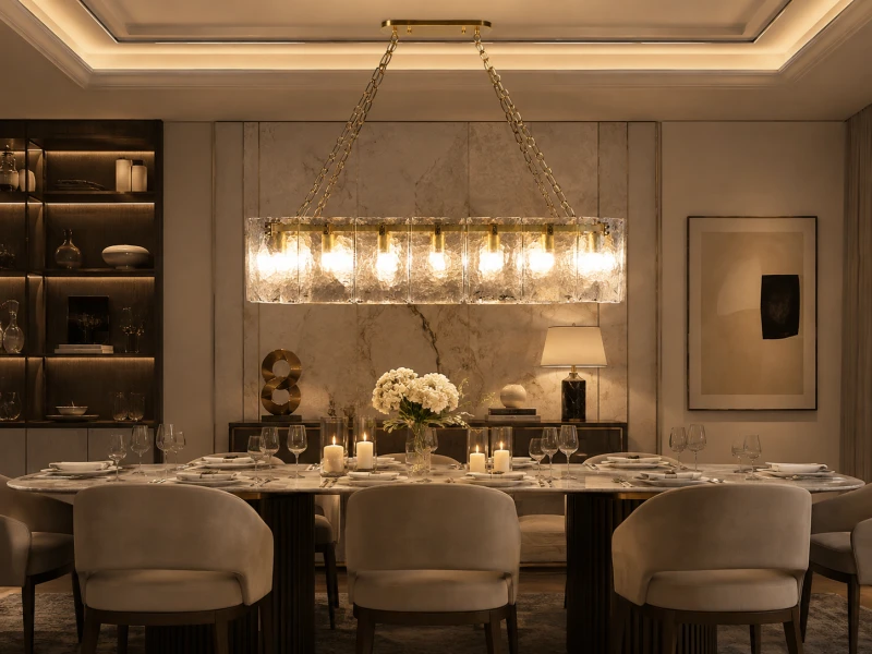 Halo rectangular glass chandelier suspended above a luxury dining table