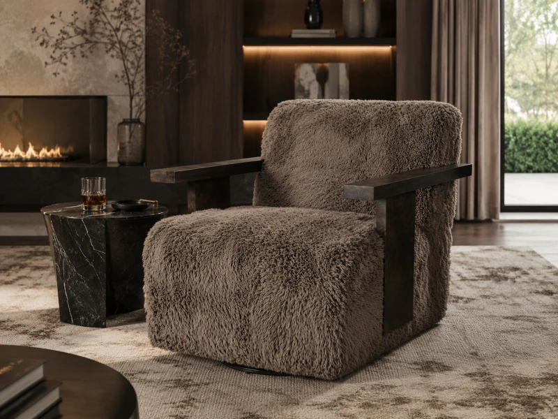 Portobello brown swivel rocking armchair styled in a luxury contemporary living room