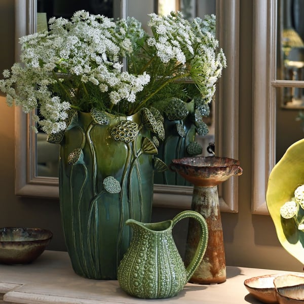 Lotus green ceramic vase 51 cm with sculptural seed head decoration