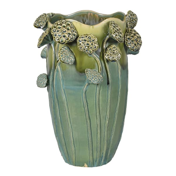 Lotus green ceramic vase 51 cm with sculptural seed head decoration