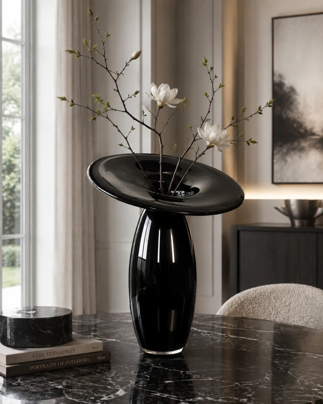 Large black sculptural glass vase displayed on a marble dining table