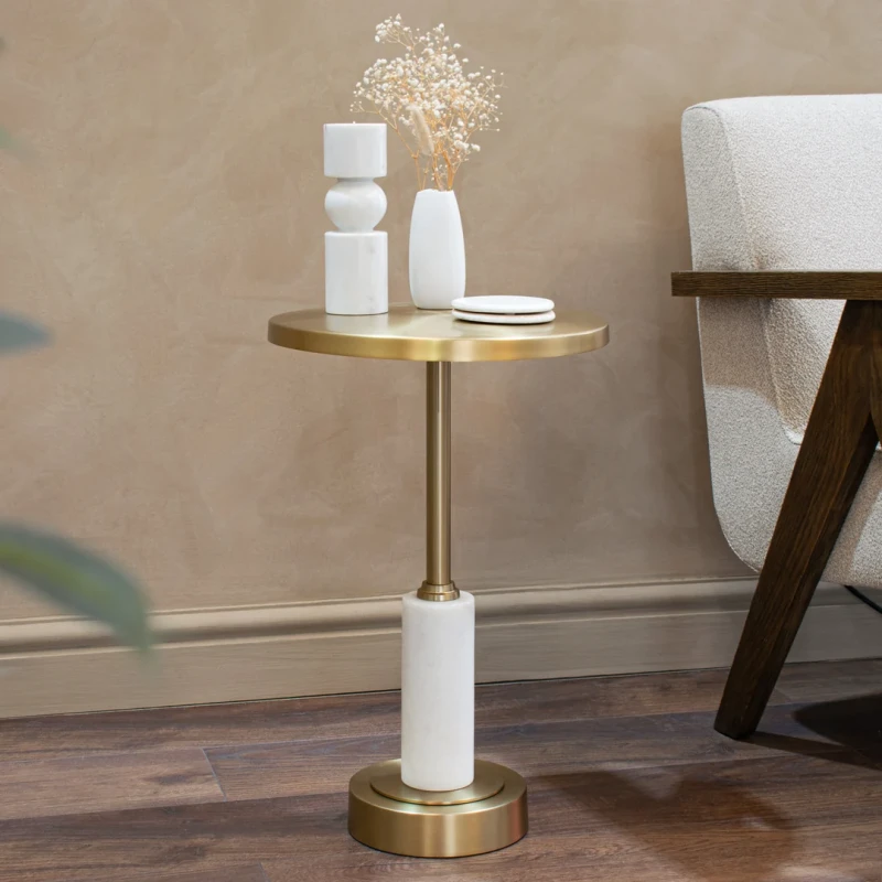 Erdre Gold Metal Side Table 55cm with Light Marble Base