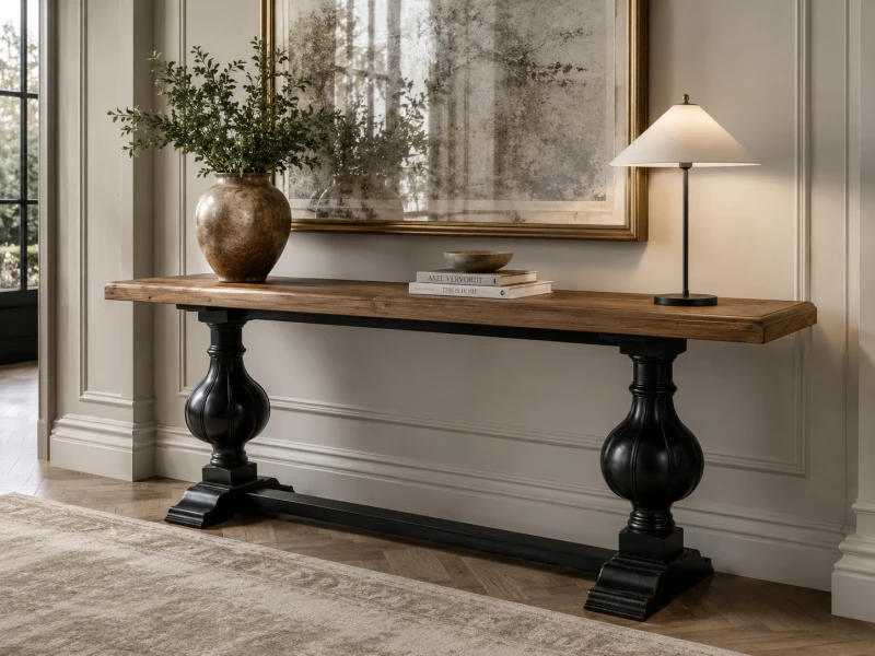 Large wooden console table with natural top and black base