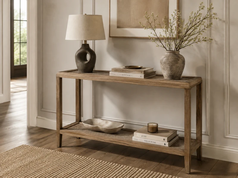 Bayur rattan console table with natural wood frame