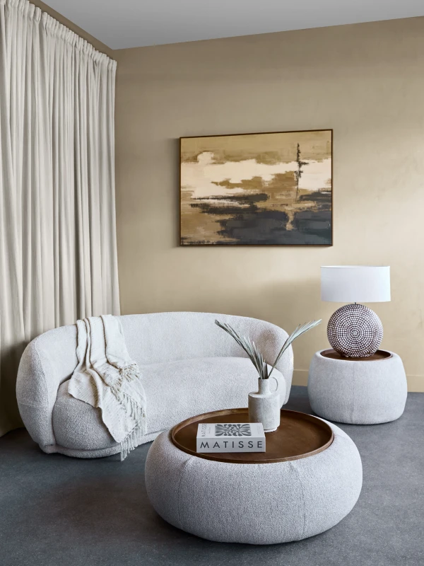 Large round storage ottoman with wooden tray top in light grey
