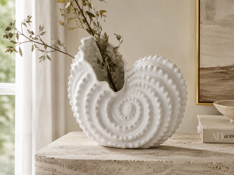 White Shell Ceramic Shell Vase 36 cm – White Glazed Decorative Ornament