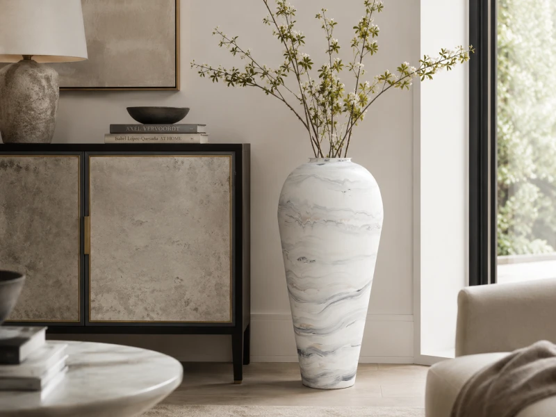 White iron floor vase with grey marbled finish