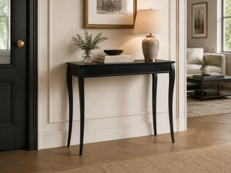 Small black hallway console table styled with lamp