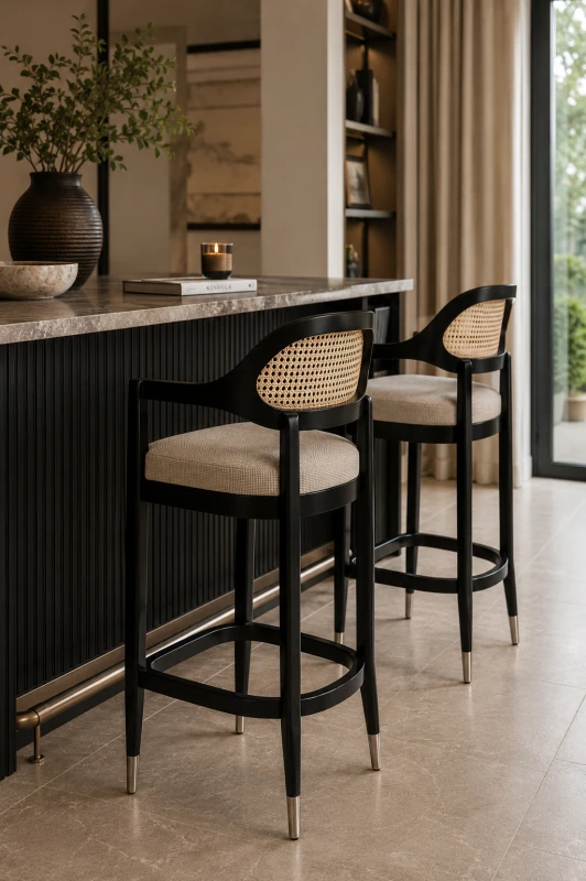 Chelsea Black cane bar stool with beige upholstered seat