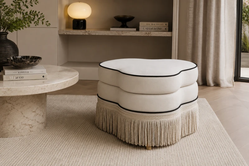 Maldon White fringed footstool 61.5cm