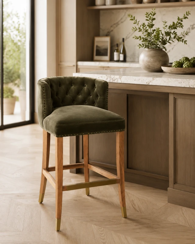 Belgrave green bar stool styled at a kitchen island