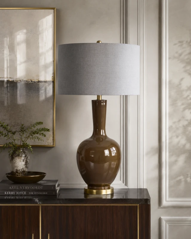 Elegance Brown Table Lamp, 82 cm – Luxury Ceramic Lamp with Grey Shade