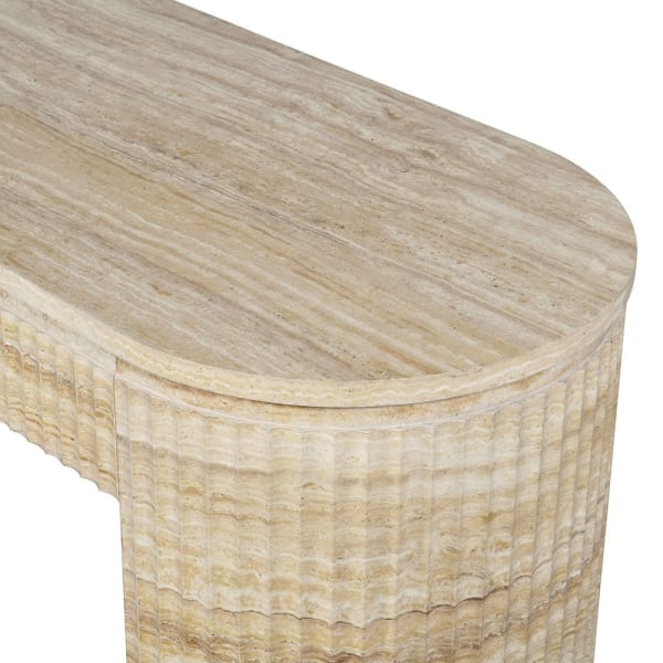 Hampstead faux travertine console table with fluted stone-effect detailing
