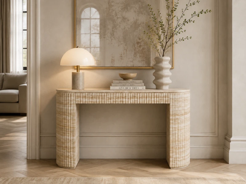 Hampstead faux travertine console table styled in a luxury neutral interior