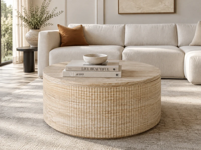 Hampstead round faux travertine coffee table in a luxury neutral living room