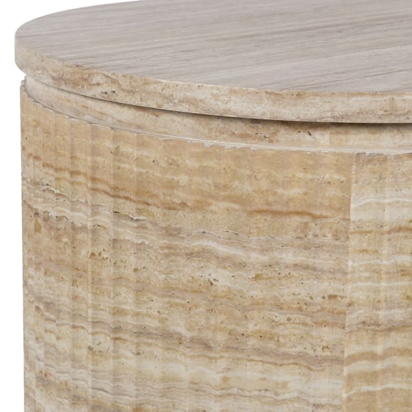 Round Hampstead travertine effect side table in cream and beige tones