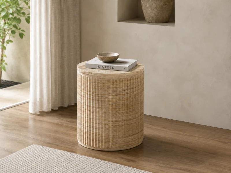 Hampstead faux travertine side table styled in a luxury neutral interior