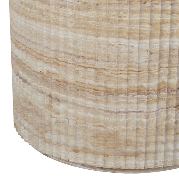 Hampstead faux travertine dining table with fluted pedestal detail