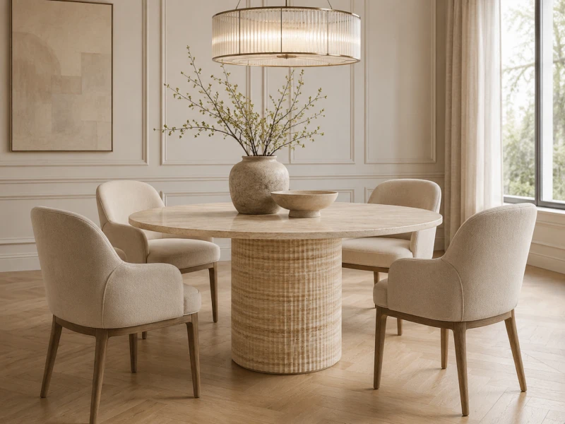 Hampstead faux travertine round dining table in a luxury dining room